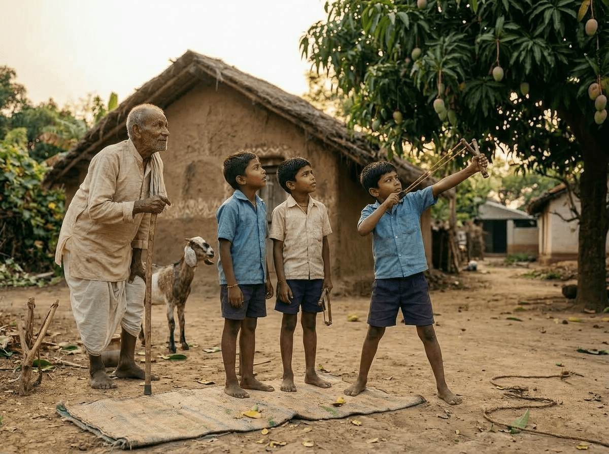 Boy sitting on a mat eating mangoes next to a goat and a sign that says Mango Challenge
