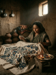 Woman in green sari sewing patterned fabric by lamp in rustic room