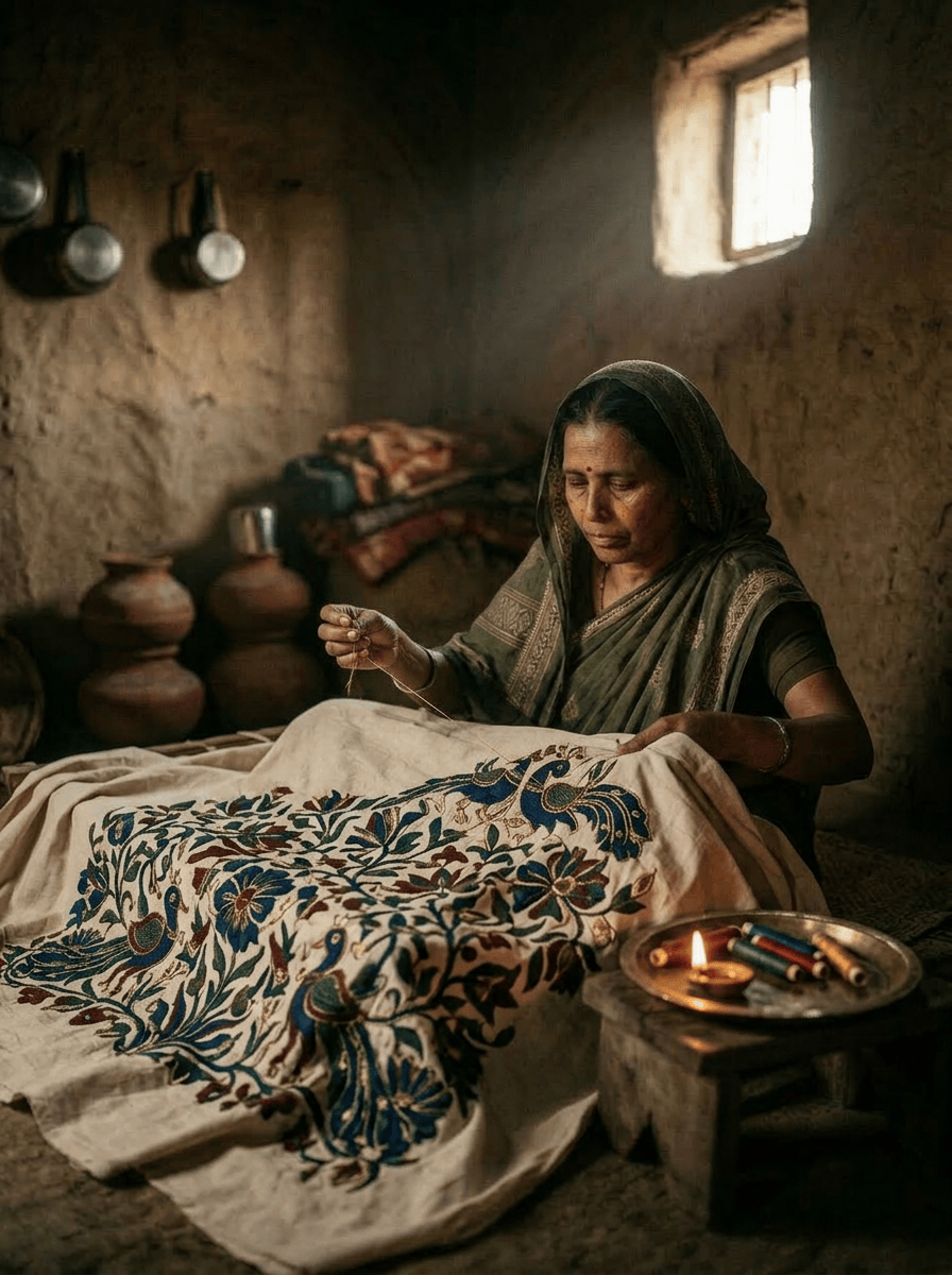 Woman in green sari sewing patterned fabric by lamp in rustic room