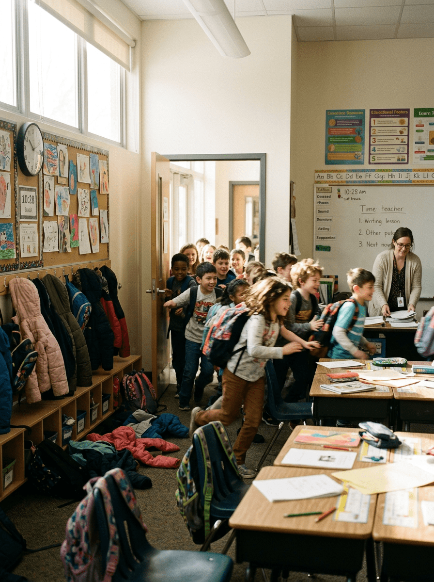 Chaotic classroom before breaktime, kids rushing out