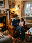 Father talking to his daughter sitting on his lap in a living room with a fireplace and bookshelf