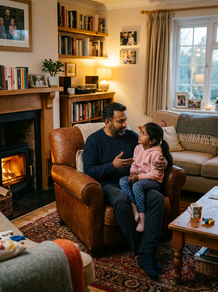 Father talking to his daughter sitting on his lap in a living room with a fireplace and bookshelf