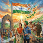 Indian flag, smiling celebrants, broken chains, and banner reading “HAPPY INDEPENDENCE DAY 15 AUGUST”